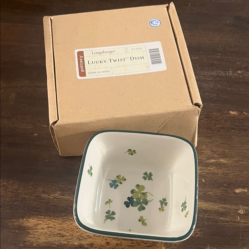 Longaberger Lucky Twist Dish - White with Green Shamrock Design